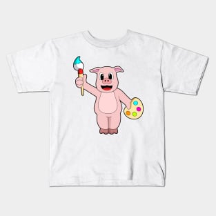 Pig at Painting with Brush & Colour Kids T-Shirt